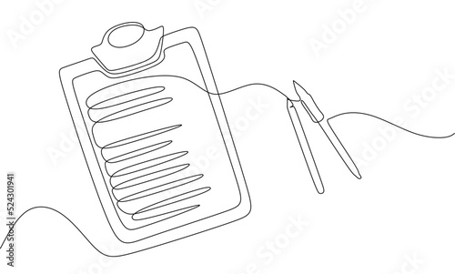 Clipboard with pen. Continuous line one drawing. Vector illustration. Simple line illustration.