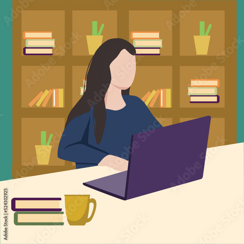 Creative Vector illustration drawing of young woman school college student wear headphones learn watching online webinar webcast class looking at laptop eLearning making notes or video calling.