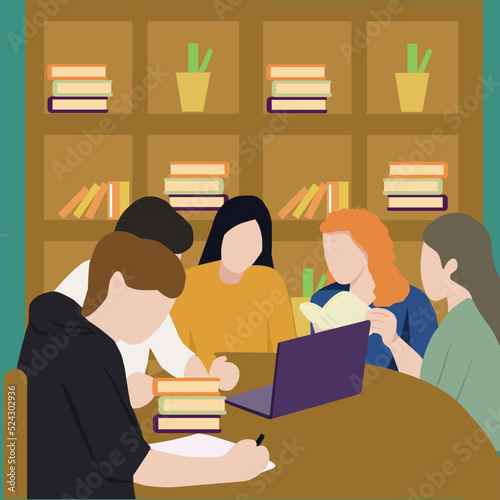 Creative Vector illustration drawing of group of students are studying in groups at the center, working on group assignments that must be collected immediately. Modern Design Illustration Vector
