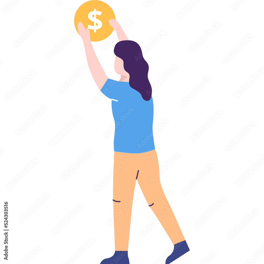 Vector woman holding coin profit flat icon Vector woman holding coin profit flat icon