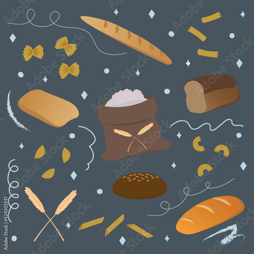 Bread set in flat style with doodle elements on the background. Includes wheat, flour, bread, ciabatta, loaf, baguette and pasta varieties