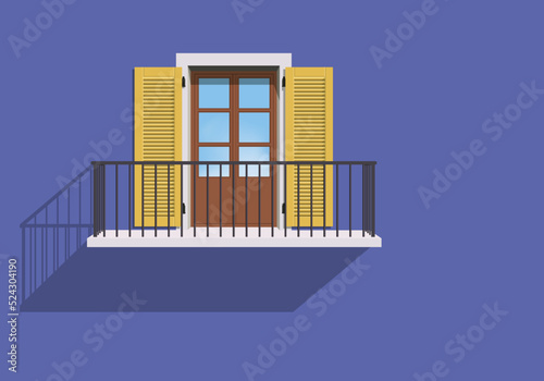 Fond de mur d’une maison peinte en bleu, avec une fenêtre aux volets jaunes et un balcon.
