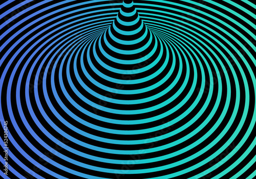 Abstract 3D blue and green gradient color twisted spiral lines optical illusion pattern on black background