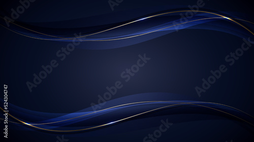 Banner web template abstract blue and golden wave curved lines overlapping layer design on dark blue background luxury style
