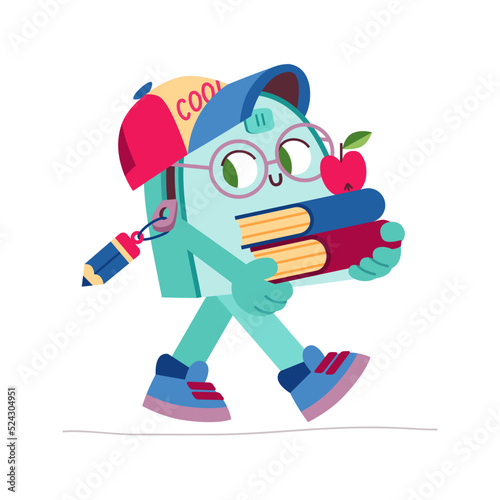 Vector backpack character with 1 September and school theme. Cute blue backpack student walking to school. Backpack, books, apple, pencil.