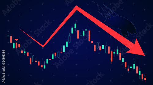 Big arrow hidden bear pulling down, financial stock market chart candle stick bar diagram forecast analysis.