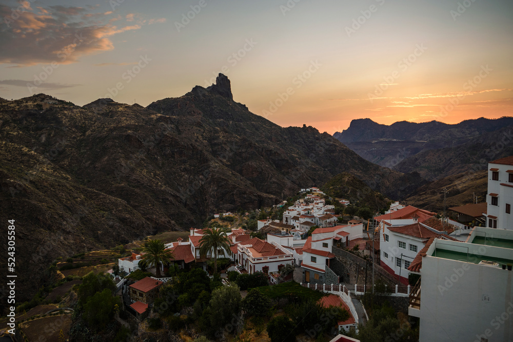 Sunset view over Bentayga Rock from the touristic town of Tejeda, Gran Canaria, Canary Islands, Spain