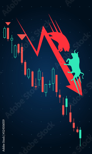 Bear vs Bull Cow fight concept - Financial Investment Trading stock market up down trend graph chart simple clean vector.