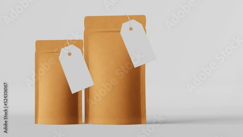 Pouch bag branding template price tag mockup white background 3D animation. Merchandise packaging design. Blank kraft paper pack coffee beans sachet product.Tea food snack delivery Shop sale Hot offer