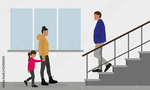 A woman and a girl go to the stairs on which the man is standing