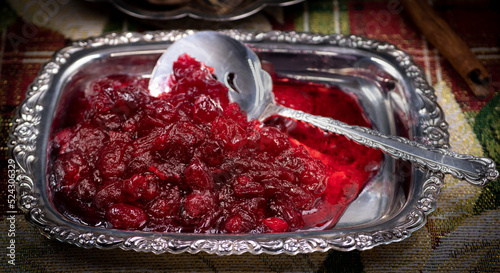 Cranberry sauce on vintage silver serving platter