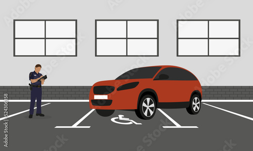 Modern crossover parked in a place for a disabled person and a policeman is standing nearby and writes out a fine