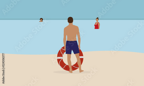 A male character in shorts and with a lifebuoy stands on the beach and looking at a female characters in the water