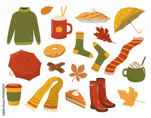 Autumn illustrations collection. Set of cute fall mood cartoon elements. Collection for party decoration, fall festival, or Thanksgiving day.