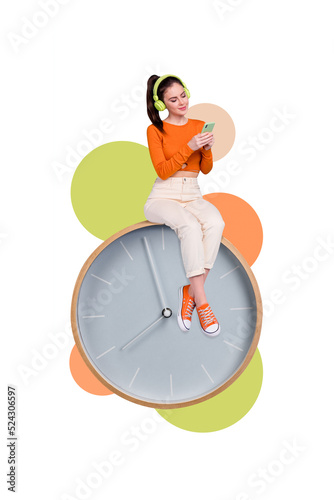 Photo artwork minimal picture of funny funky lady sitting big bell ring listening music isolated drawing background photo