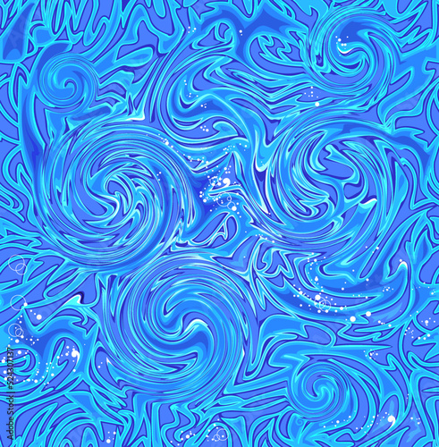 Seamless pattern ornament. Abstract water background. Luxury drawing with splashes of freshwater and aquatic whirlpools for mural wallpaper, fabric, decoration, clothes. Vector illustration.