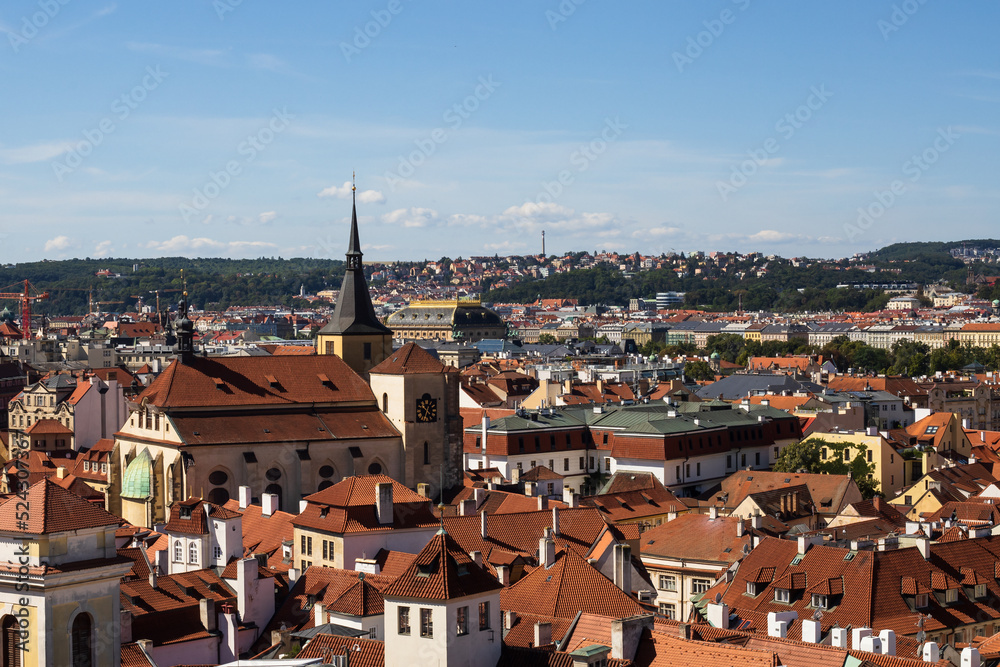 Vew from the top of City Hall to Prague old town, view on roofs from above