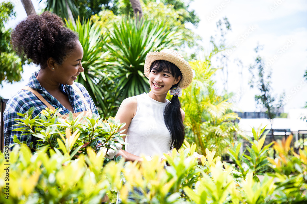 Woman florist in plants shop standing and talking to beautiful Asian female client and giving her plant. Portrait of charming Caucasian woman owner of garden center Woman florist in plants shop standing and talking to beautiful Asian female client and giving her plant. Portrait of charming Caucasian woman owner of garden center