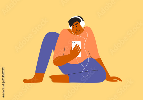 Man in headphones sitting holding smartphone in hand listening music, audiobook, podcast. Male character watching video by mobile phone, listening to online radio, audio book. Art vector illustration
