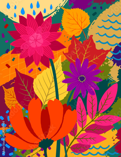 Fall abstract colorful design for poster  card  banner. Autumn floral vector illustration with leaves and fall flowers. Vivid colors vibrant fall design.