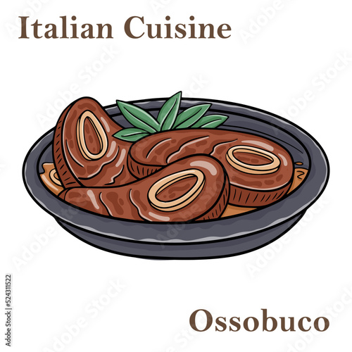Ossobuco, braised veal steak alla Milanese with gremolata and vegetable sauce. Italian food