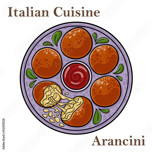 Homemade fried Arancini with basil and Marinara on a white background, side view. Italian rice balls.