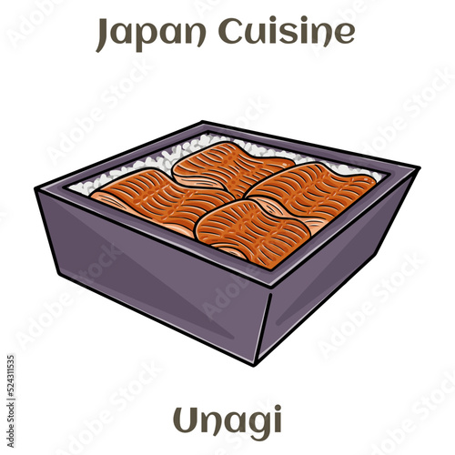 Bowl of rice topped with broiled eel in unagi sauce.