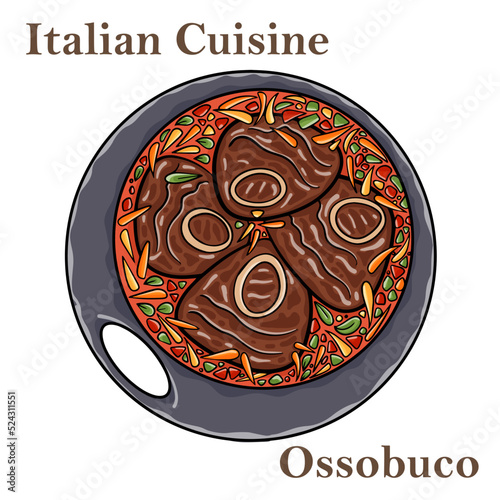 Ossobuco, braised veal steak alla Milanese with gremolata and vegetable sauce. Italian food