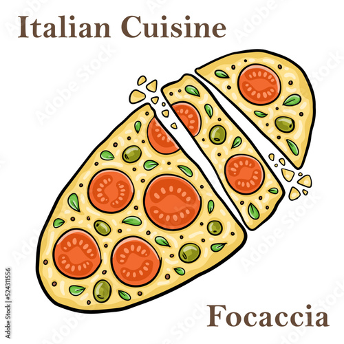 Bari-style focaccia bread, focaccia barese, focaccia with cherry tomatoes, olive oil and oregano.