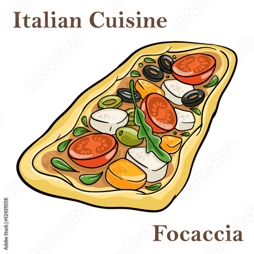 Bari-style focaccia bread, focaccia barese, focaccia with cherry tomatoes, olive oil and oregano.