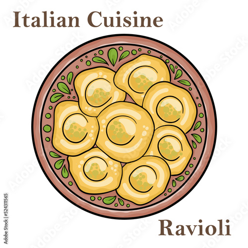 Italian ravioli pasta with spinach and ricotta on wooden background