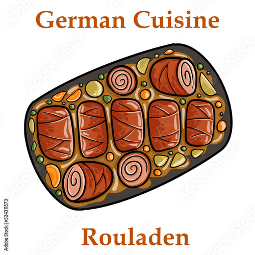 Tasty roulades beef on plate. German beef rouladen recipe