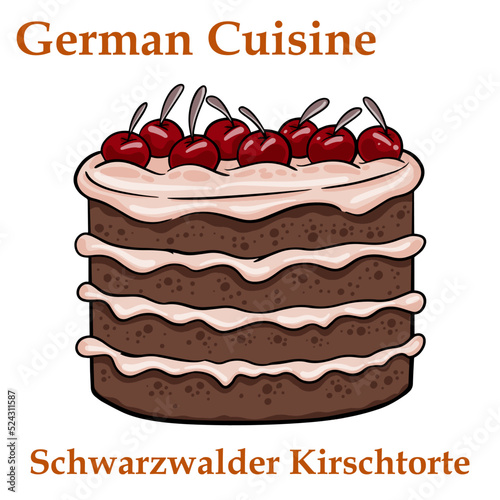 Schwarzwälder Kirschtorte. Traditional German desert on a white background