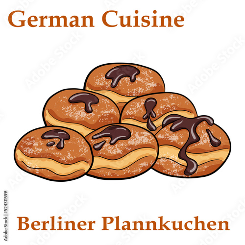 Berliner plannkuchen. German donuts - berliner with jam and icing sugar in a tray