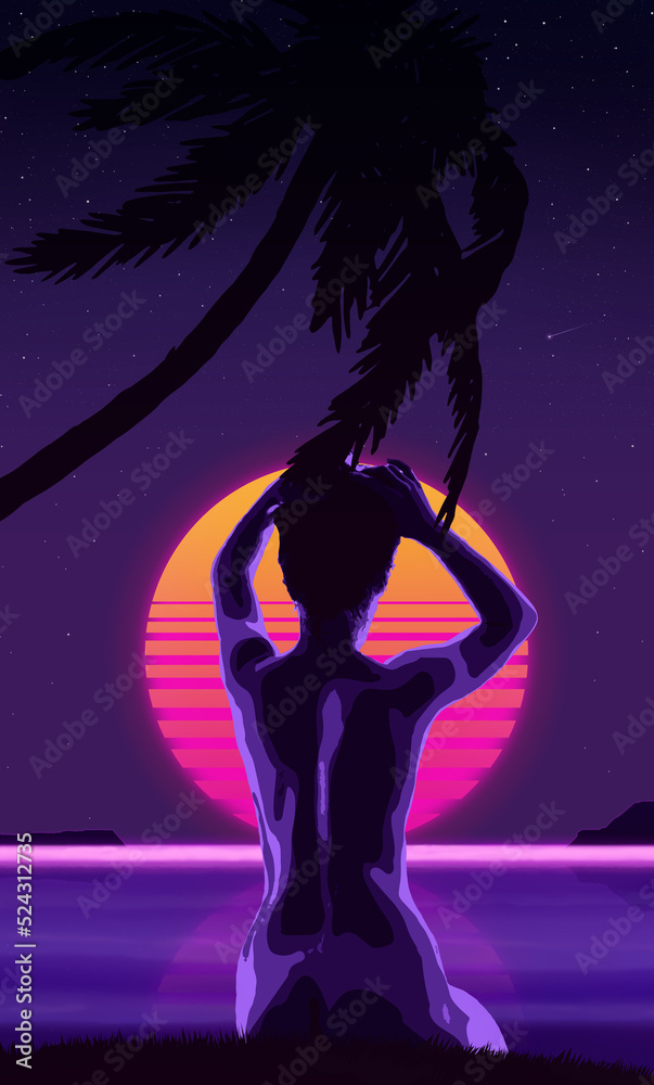 fantastic sunset on the beach with palm trees against the background of the starry sky and the silhouette of a sitting woman in retrowave style