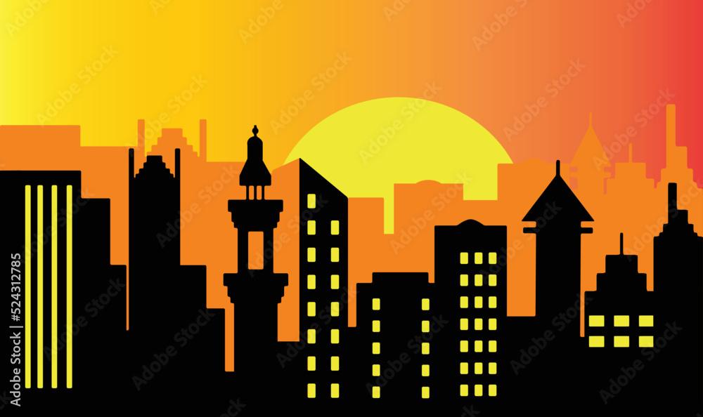Sunset in the city. City at sunset. Silhouette of city sunset.