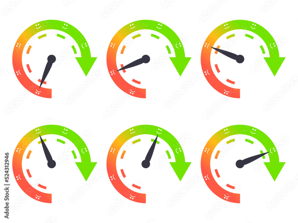 Credit rating set of banners isolated on white background. Indicator in the form of an arrow of direction from bad to good. Credit score gauge. Design for apps and websites. Vector illustration Credit rating set of banners isolated on white background. Indicator in the form of an arrow of direction from bad to good. Credit score gauge. Design for apps and websites. Vector illustration