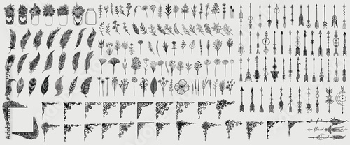 Fotografia Bundle of hand-drawn mason jars, wildflowers, feathers, corner frames, and arrows