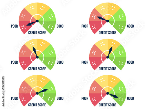 Credit score. Credit score indicator from good to bad, from green to red. Investment fund rating. Credit score gauge. Design for apps, websites and banners. Vector illustration