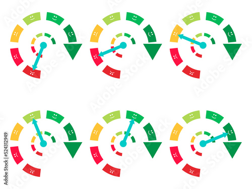 Credit rating set of banners isolated on white background. Indicator in the form of an arrow of direction from bad to good. Credit score gauge. Design for apps and websites. Vector illustration