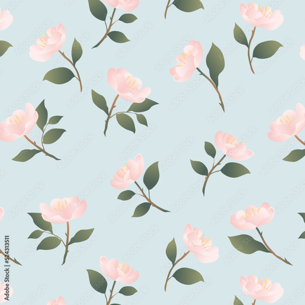 Elegant peonies with a gradient and yellow stamens, green leaves and twigs. Vector pattern in a realistic style. For fabric, covers, prints, banners.