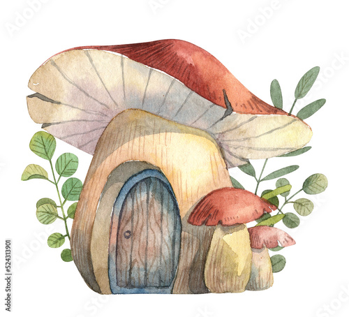 Magical cute fairytale mushroom house with small wooden door and with green lush foliage on the background. Watercolor hand painted detailed cartoon illustration for stickers and wall art design