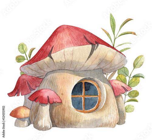 Magical cute fairytale mushroom house with small round window and with green lush foliage on the background. Watercolor hand painted detailed cartoon illustration for stickers and wall art design