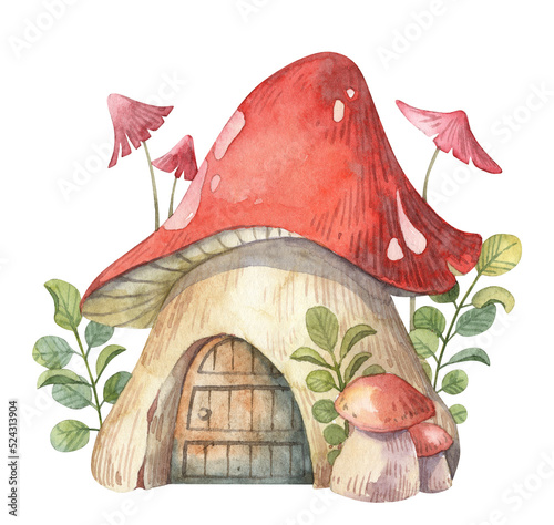 Magical cute fairytale mushroom house with small wooden door and with green lush foliage on the background. Watercolor hand painted detailed cartoon illustration for stickers and wall art design
