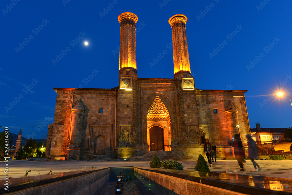 Twin Minaret Madrasah in the night - Erzurum, Turkey