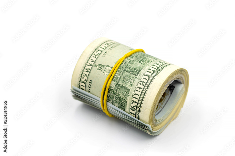 Bundle of money roll of dollars isolated on white background, stack of one hundred dollars American cash money bills rolled up with rubber band Bundle of money roll of dollars isolated on white background, stack of one hundred dollars American cash money bills rolled up with rubber band