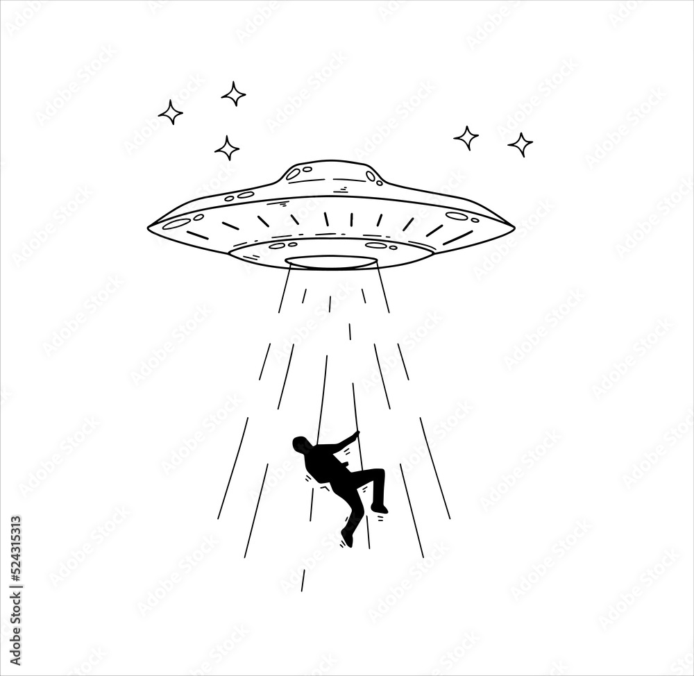 Aliens Kidnap person. UFO abduct man. Flying ovnis. Sketch doodle ...