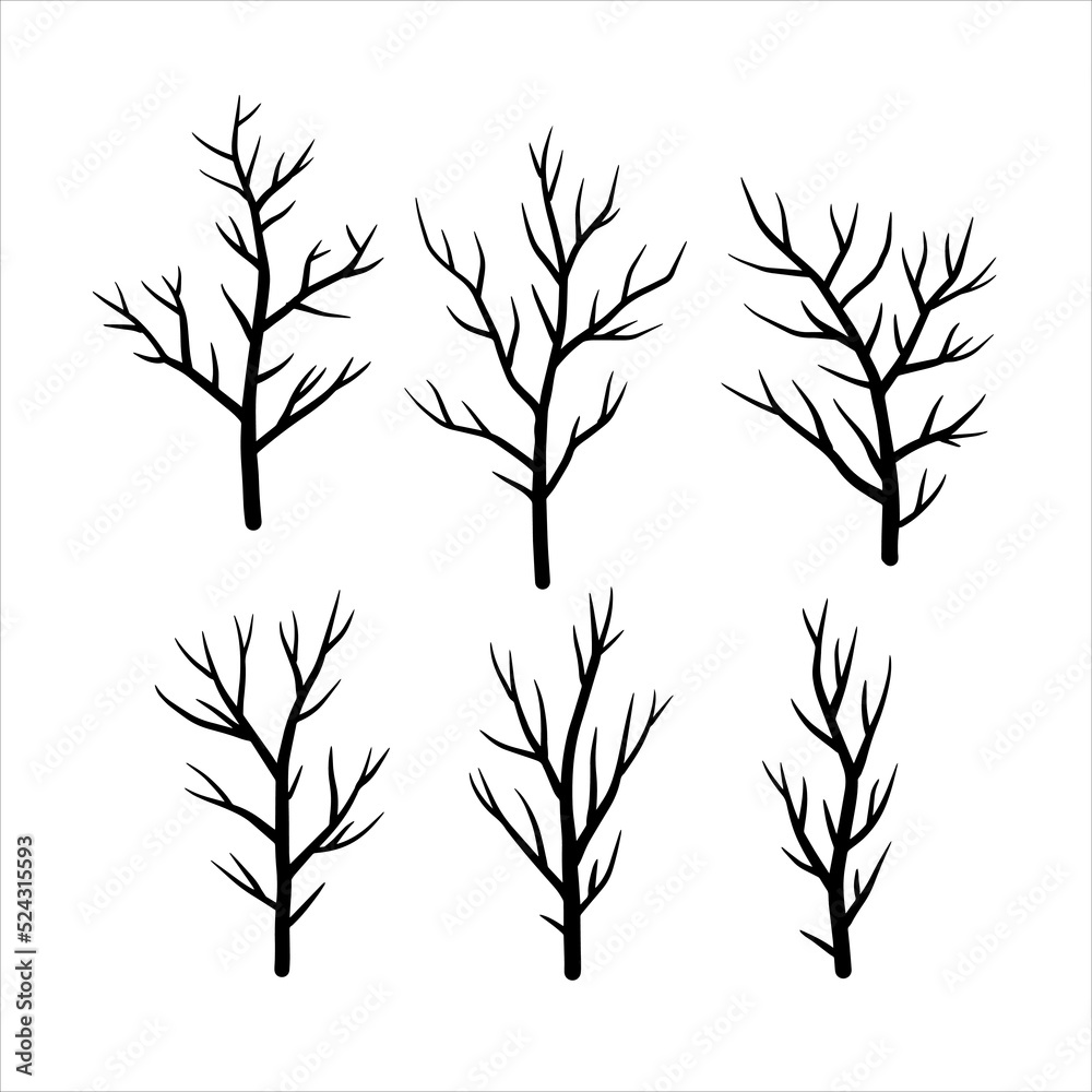 Fototapeta premium Black silhouette of branch and tree. Set of simple abstract natural wood