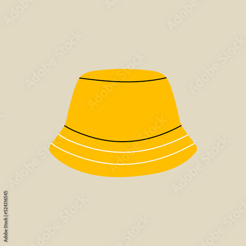 Head accessory element in modern style flat, line style. Hand drawn vector illustration of yellow summer panama hat, bucket hat fashion style, cartoon design, patch, badge, emblem.