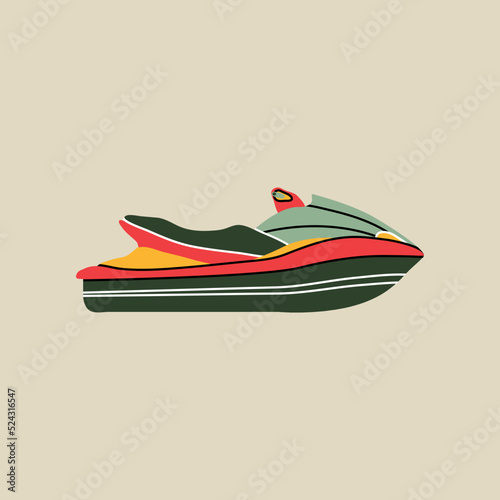 Water scooter element in modern flat line style. Hand drawn vector illustration of summer, vacation, travel, trip, extreme water sport cartoon design. Vintage patch, badge, emblem, decoration